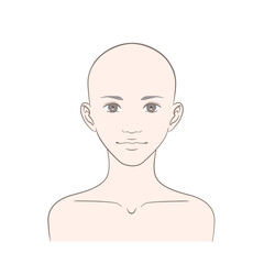正面を向き目を開いたスキンヘッド、シェイブドヘッドの若い女性（主線あり・線画）