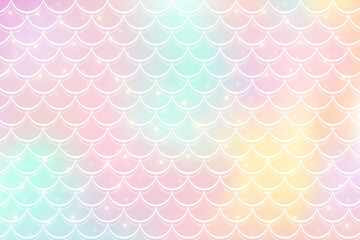 Mermaid holographic background in fantasy style with scales. Unicorn pink gradient texture. Sea fish kawaii vector backdrop.