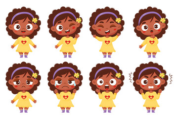 kids collection of emotions. Cute dark-skinned girl with different facial expressions and feelings - happiness, crying, anger, smile, delight, wonder. Vector illustration cartoon style for design.