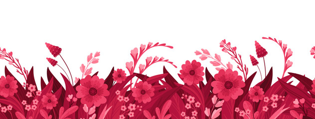 Viva Magenta! Floral Horizontal Seamless Background. Header or Cover Template, with Magenta Floral Arrangements. Blooming Flowers, Red and Pink Leaves and Hearts. 