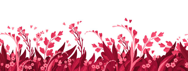 Viva Magenta! Floral Horizontal Seamless Background. Header or Cover Template, with Magenta Floral Arrangements. Blooming Flowers, Red and Pink Leaves and Hearts. 