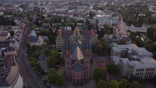 Catholic church in Freiburg im Breisgau, Germany Drone backward movement