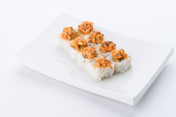 Sushi set and composition at white background. Japanese food restaurant, sushi maki gunkan roll plate or platter set.
