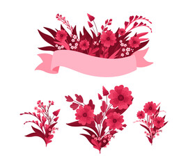 Viva Magenta! Flowers and Empty Ribbon. Blooming Red and Pink meadow wildflowers, leaves and hearts. Isolated vector clipart, illustration on white background