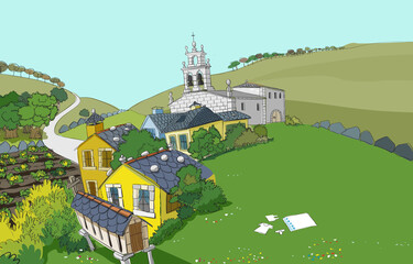 Vista aérea de paisaje rural gallego como ejemplo de aldea tradicional gallega o pequeño núcleo de población rural que representa la vida en el campo. © Ebarcala