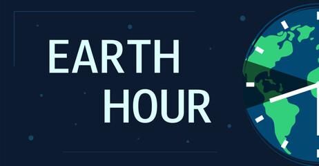 Fototapeta na wymiar Earth Hour. Global holiday. 60 minutes without electricity. Cartoon flat Earth planet in Space. Earth hour horizontal banner. Ecology concept. Vector Illustration.