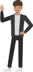 Office man wear black suit character design. Presentation in various action with emotions, running, standing and walking.