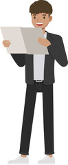Office man wear black suit character design. Presentation in various action with emotions, running, standing and walking.