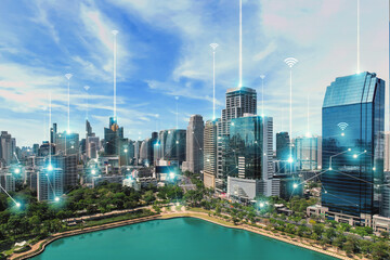 City scape with connecting dots for networking and communication in twilight.