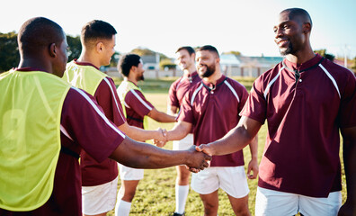 Man, sports and handshake for team greeting, introduction or sportsmanship on the grass field outdoors. Sport men shaking hands before match or game for competition, training or workout exercise - obrazy, fototapety, plakaty