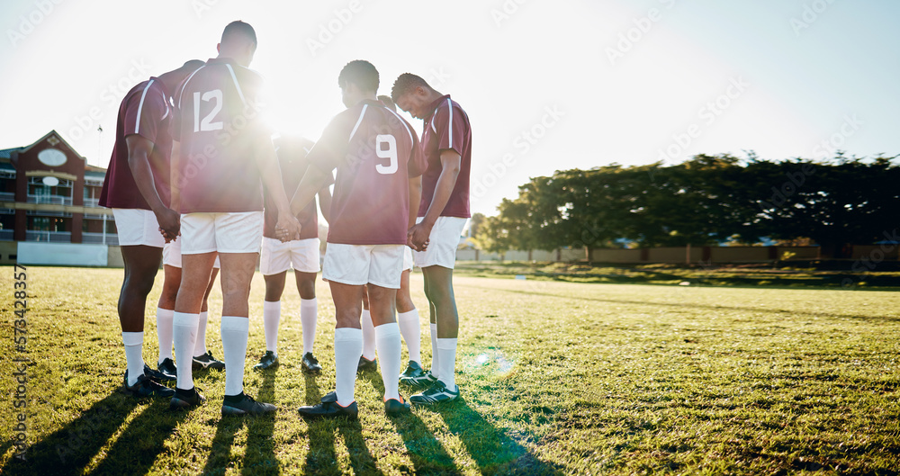 Poster Man, team and holding hands in sports huddle for fitness, collaboration or goal on grass field. Group of men in circle or scrum for teamwork, community or sport strategy and game solidarity