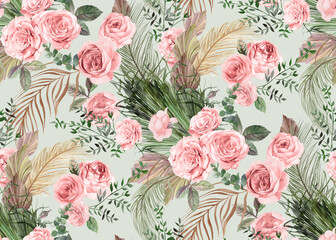 Seamless watercolor pattern with flowers of delicate roses and dry branches and leaves of palm trees for textile
