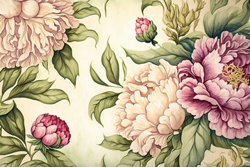 Seamless floral pattern with peonies, pastel watercolor. Illustration. Generative AI