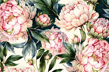 Generative AI.Floral pattern with peonies, pastel watercolor Illustration.