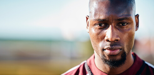 Black man, athlete and face with focus, sport and fitness outdoor with mockup space, sweat and...