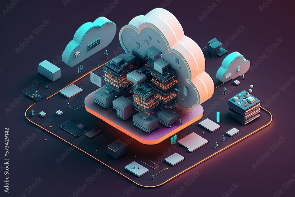 Poster cloud computing concept. generative ai isometric illustration of cloud computing concept.