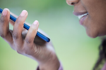 Voice memo, black woman hand and face zoom outdoor on mobile connection and virtual note record....