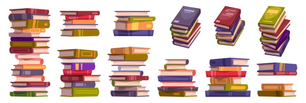 Cartoon set of book stacks isolated on white background. Vector illustration of piles of fiction literature, encyclopedias, science textbooks for education, reading hobby, leisure fun, entertainment