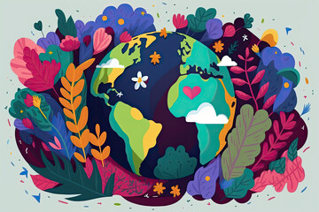 Generative AI. Cartoon postcard for Earth Day. Illustrated earth in the shape of a ball.