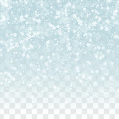 Christmas Vector Background with Falling Snowflakes  Isolated on Transparent Background. Realistic Snow Sparkle Pattern. Snowfall Overlay Print. Winter Sky. Realistic Snow. Happy Christmas, New Year.