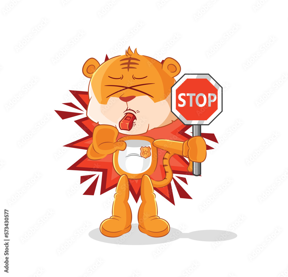 Poster tiger holding stop sign. cartoon mascot vector