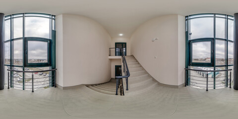 full spherical hdri 360 panorama view in empty modern hall near panoramic windows with columns,...