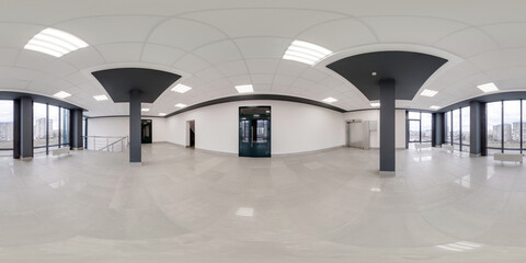 full seamless spherical hdri 360 panorama view in empty modern hall with columns, doors and...