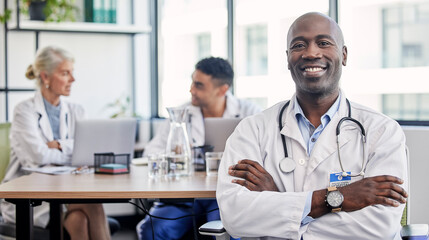 Arms crossed, portrait and a doctor in healthcare meeting with vision, motivation and confidence. Happy, medicine and an expert African man in medical workshop, seminar or conference at a hospital