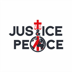 Fototapeta premium Justice and Peace word design with cross and scales symbol. Can be used for t-shirt design, poster background, banner.