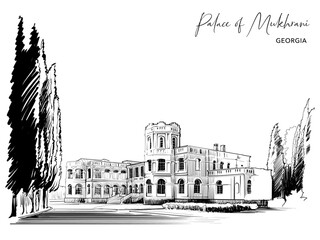 Palace of Mukhrani. Country mansion near Mukhrani village, Georgia. Sketch for a Postcard or Travel Blog. Black Line drawing isolated on white background. EPS10 vector illustration
