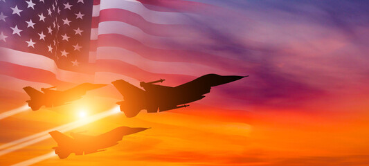 Group of aircraft fighter jet airplane. USA flag. Air force day. 3d illustration - obrazy, fototapety, plakaty