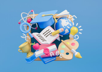 Education study learning back to school graduation hat pencil book lecture certification science art icon 3d rendering.