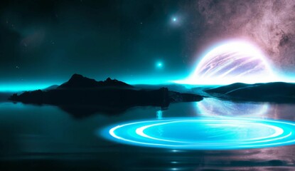 Futuristic fantasy landscape, sci-fi landscape with planet, neon light, cold planet. Galaxy, unknown planet. Dark natural scene with light reflection in water. Neon space galaxy portal. 3D