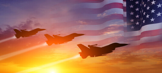 Group of aircraft fighter jet airplane. USA flag. Air force day. 3d illustration