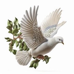 Obraz premium White dove and green olive branch. Generative ai. 