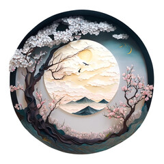 Mountainous Landscape Artwork in a Circular Tree Frame created by generative AI