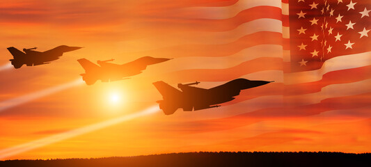 Group of aircraft fighter jet airplane. USA flag. Air force day. 3d illustration