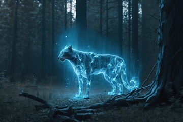 Tiger with neon light in the forest. Generative AI.