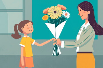 The concept of the holiday Teacher's Day. The student gave the teacher a bouquet of flowers Generative AI