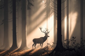 Deer in dark forest, morning sun. Generative AI.