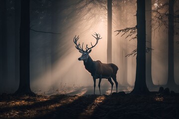 Deer in dark forest, morning sun. Generative AI.