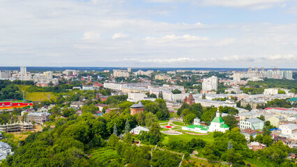 Fototapeta na wymiar Russia, Vladimir - August 11, 2020: Flight over the city. One of the sights of the city - the Water Tower, Aerial View