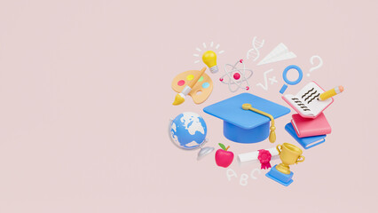 Education study learning back to school graduation hat pencil book lecture certification science art icon 3d rendering.