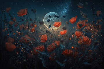 Obraz na płótnie Canvas Fireflies landing on wild poppies in moonlight. Generative AI.