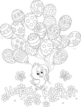 Easter card with a happy little chick holding balloons decorated with traditional holiday ornaments, black and white outline vector cartoon illustration for a coloring book