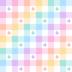 Pattern for Easter in pastel rainbow colors. Seamless geometric multicolored gradient gingham vichy tartan check plaid vector graphic with hearts for Valentines Day or Easter paper or textile design.