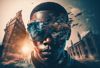 Portrait of a young black man with VR glasses immersed in virtual reality, surreal abstract background. Creative art and technology of the metverse. 3D rendering. AI generated