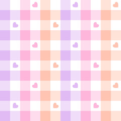 Geometric pattern for spring summer in pastel lilac, pink, apricot orange. Seamless gingham vichy tartan check plaid graphic vector with love hearts for Valentines Day or Easter paper or fabric print.