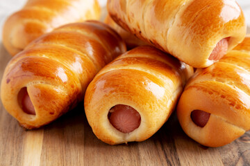Homemade Kolache Rolls Ready to Eat on a Wooden Board, low angle view. Close-up.