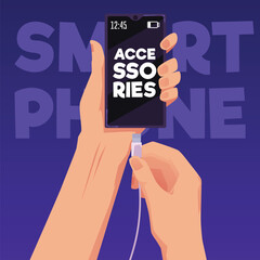 Hands inserting charging cable in smartphone, poster template - cartoon flat vector illustration.